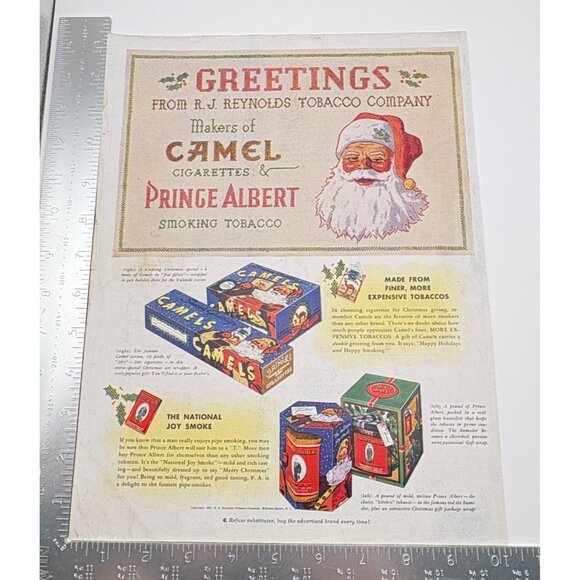 Camel Cigarettes & Prince Albert Tobacco Christmas Vintage Print Ad 1930s Santa - Picture 2 of 6